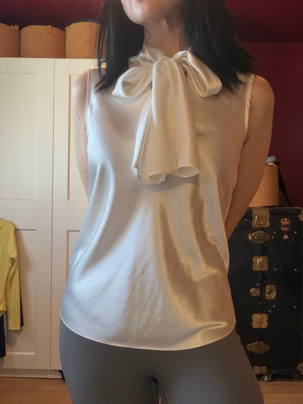 white silk/satin bow blouse top